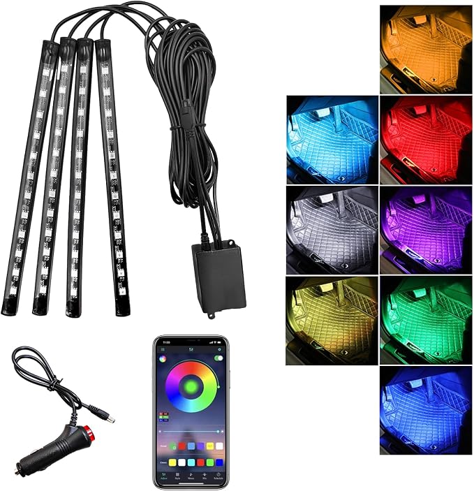 Car Led Interior Lights, RGB 48 LED Multicolor Auto Strip Light with Sound Active Function and APP Control, Under Dash Smart Lighting Kit with Charger, Car Accessories (Cigarette Lighter)