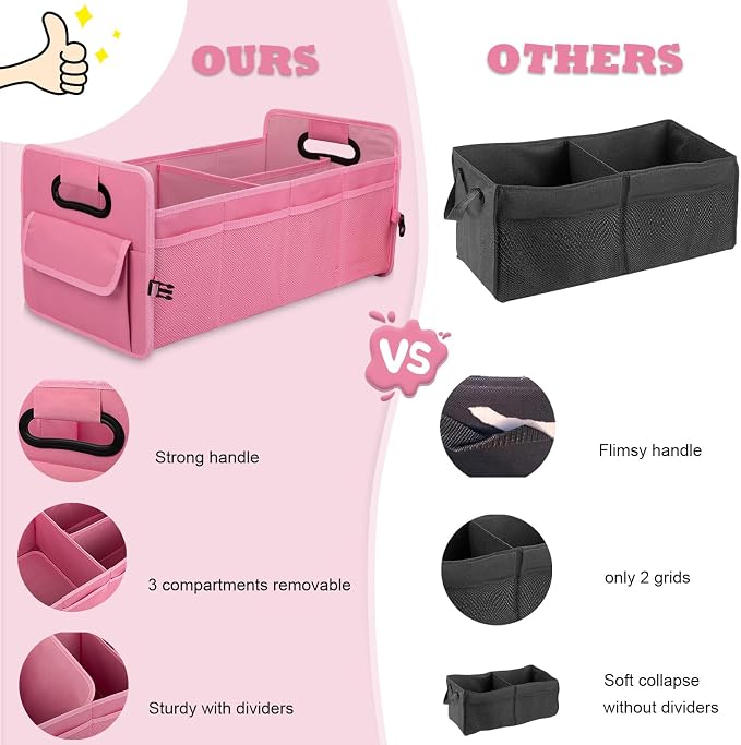 JiatuA Car Trunk Organizer, Car Organizers and Storage Collapsible Multi Compartment Container Box, Adjustable Car Accessories for SUV Sedan Truck, Large Size, Pink