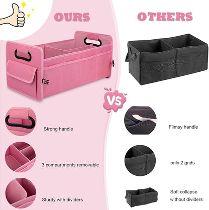JiatuA Car Trunk Organizer, Car Organizers and Storage Collapsible Multi Compartment Container Box, Adjustable Car Accessories for SUV Sedan Truck, Large Size, Pink