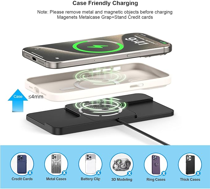Wireless Charger Car Magnetic Charging pad Fast Wireless Phone Charger Cell Phone Cordless Charging mat Compatible with iPhone 16/15/14/13/12, Airpods Earbuds(C11MAG)