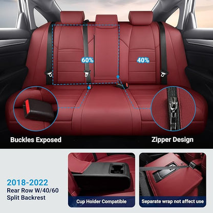 Custom for Honda Accord Seat Covers 2018 2019 2020 2021 2022 EX-L, Touring, Sport, EX, Hybrid, Faux Leather Car Seats Cover Full Set (Rear Row W/40/60 Split Backrest) - Burgundy