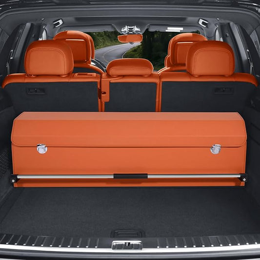Car Trunk Organizer, Collapsible Sturdy Trunk Storage Container with Lid and Handle Large Leather Car Trunk Storage (Orange, 39.7 x 11.4 x 12.2in)