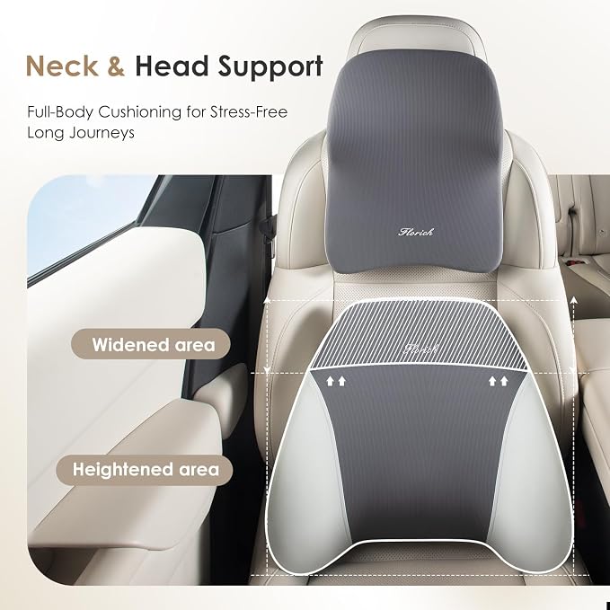 FLORICH Upgrade Lumbar Support and Car Neck Pillow, Back Support and Headrest Pillow for Car Seat Driver, Memory Foam Back Neck Support Pillow and Car Seat Lumbar Support for Car Office Chair - Gray