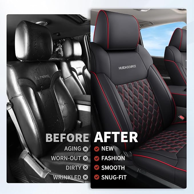 Huidasource Dodge Ram Front & Rear Seat Covers, Leather Car Seat Cover Full Coverage Waterproof Truck Seat Cushion Protector Fit for 2019-2025 RAM 1500 2500 3500 Crew/Mega Cab(Full Set/Black&Red)
