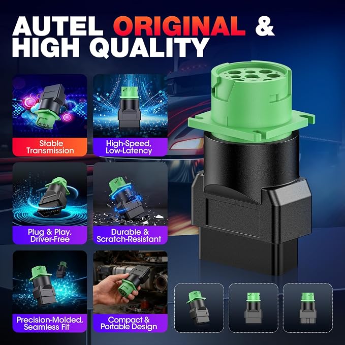 Autel Original OBD2 Male to Green J1939 Type 2 Female Adapter, 16pin OBDII to 9pin for Truck Freightliner Code Reader, ELD Tracker, Diagnostic Scanner Device, Plug and Play with High Speed