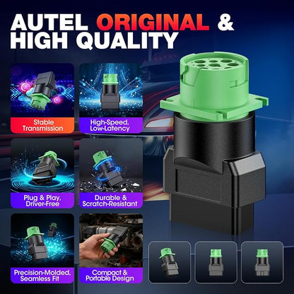 Autel Original OBD2 Male to Green J1939 Type 2 Female Adapter, 16pin OBDII to 9pin for Truck Freightliner Code Reader, ELD Tracker, Diagnostic Scanner Device, Plug and Play with High Speed