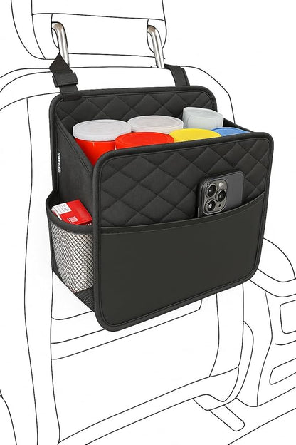 Witaxima Upgrade Car Seat Organizer Backseat with Storage Pockets, Multipurpose Car Organizer Hanging, Car Trash Bag Can,Premium PU Leather Garbage Can 2.14 Gallon Large Capacity, Black.
