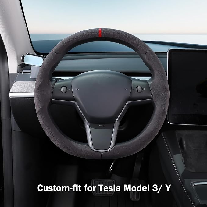 Steering Wheel Cover for 2017-2023 Tesla Model 3 2020-2024 Tesla Model Y, Suede Steering Wheel Cover for Tesla Model 3/Y Accessories, Black