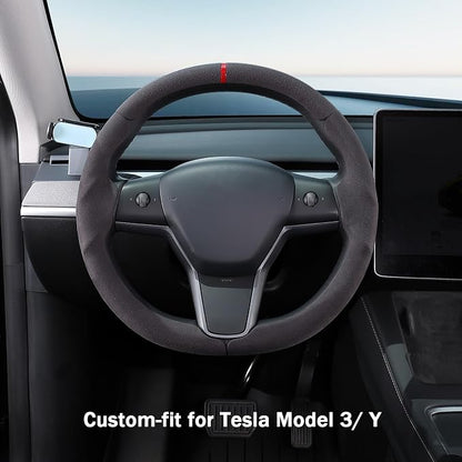Steering Wheel Cover for 2017-2023 Tesla Model 3 2020-2024 Tesla Model Y, Suede Steering Wheel Cover for Tesla Model 3/Y Accessories, Black