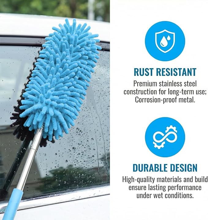 2PCS Car Interior Duster with Extension Pole, 9.45" to 28.35" Microfiber Soft Vehicle Dash Dusting Detailing Wash Brushes, Automotive Dash Cleaning Tool, Universal for SUV RV Truck (Blue)