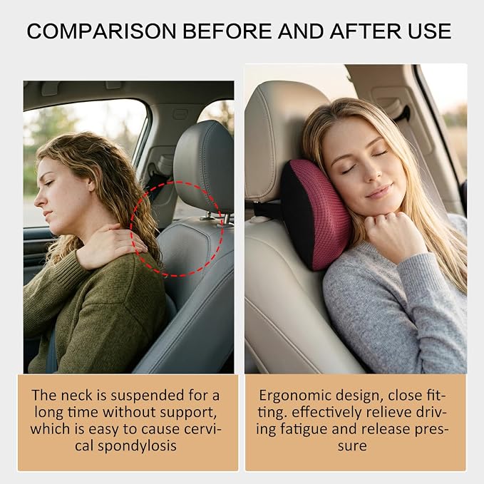 Super Great Car Headrest Pillow, Car Pillow for Neck Pain Relief with Adjustable Strap, 100% Memory Foam & Breathable Removable Cover, Ergonomic Design - Softness Travel Car Neck Pillow(Wine-Red, 1PC)