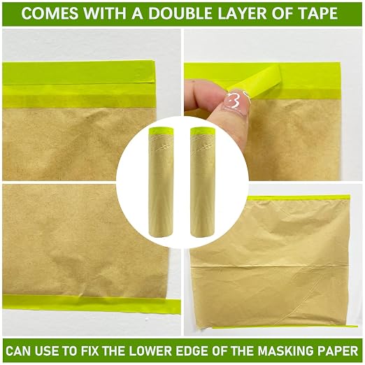 Tape and Drape, 24” x 100 feet Masking Paper for Painting, Pre-Taped Masking Paper with Adhesive, Paint Tape, Car Protection Covering Paper for Car and Furniture, Floor (2 Pack)