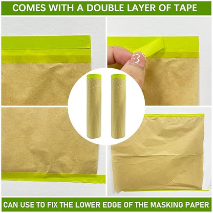 Tape and Drape, 24” x 100 feet Masking Paper for Painting, Pre-Taped Masking Paper with Adhesive, Paint Tape, Car Protection Covering Paper for Car and Furniture, Floor (2 Pack)