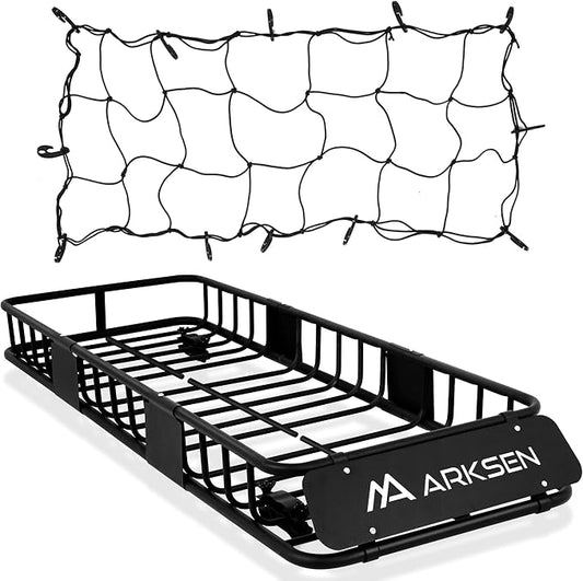 ARKSEN 64"x23"x6" Roof Rack Skinny Cargo Carrier with Basket & Net, Heavy Duty Weather Resistant Top Mount Cargo Rack, Luggage & Camping Gear Storage for Car, Truck or SUV Transport