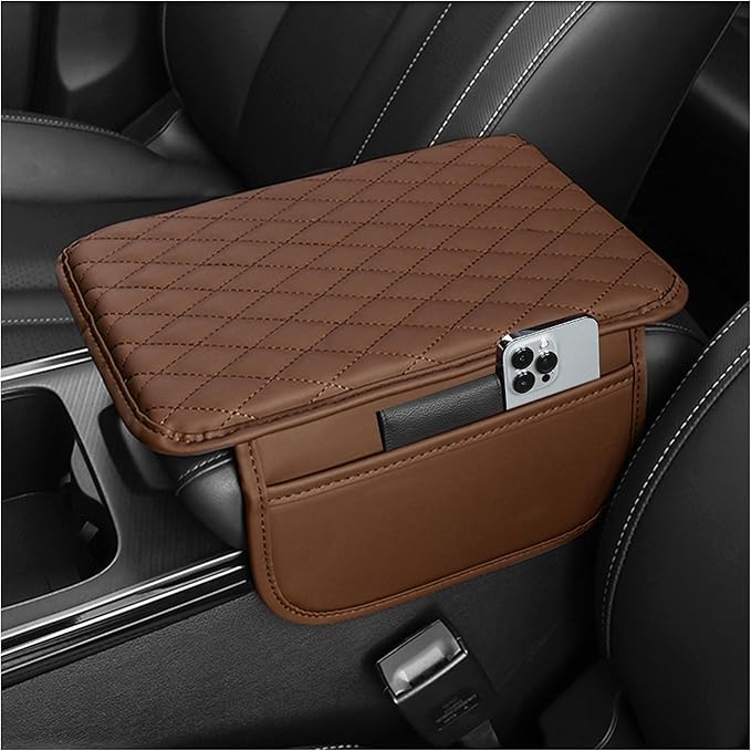 Stacool Upgraded Car Center Console Cover,Microfiber Leather Car Armrest Cover Cushion with 2 Storage Bags,Universal Car Armrest Storage Box (Brown)