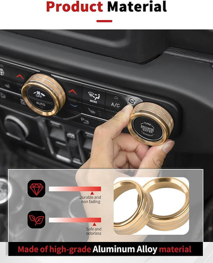 JWWY JL AC Air Vent Trim Rings & Dashboard Headlight Switch Decor Switch Knob Cover Kit Fit for 2018-2023 Jeep Wrangler JL JLU Interior Accessories, Aluminum Alloy 8PCS Gold