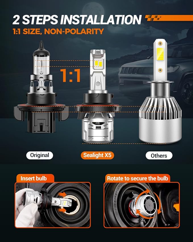 SEALIGHT H13/9008 Light Bulbs 30000LM, H13 6500K Cool White Fog Light for Powersports, Real 1:1 Mini Size Plug and Play, Pack of 2