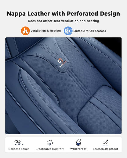 Huidasource Blue Seat Covers Luxury Nappa Leather, Car Seat Covers with Velcro Adjustable, Airbag, Lumbar Support, Cooling＆Heating, Seat Covers for Trucks Universal Fit for Most Cars SUV Trucks, Blue