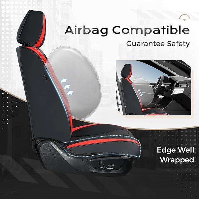 Coverado Leather Seat Covers Full Set, Black and Red Leather Car Seat Cover, Waterproof Car Seat Protector with Lumbar Support, Automotive Seat Covers Universal Fit for Most Cars SUV Truck