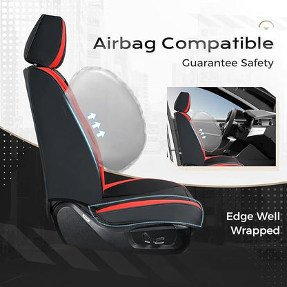 Coverado Leather Seat Covers Full Set, Black and Red Leather Car Seat Cover, Waterproof Car Seat Protector with Lumbar Support, Automotive Seat Covers Universal Fit for Most Cars SUV Truck