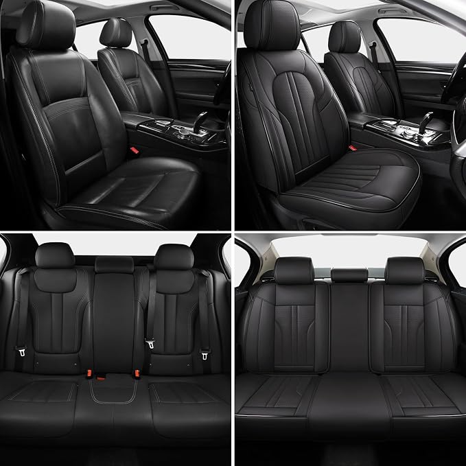 MINGBRON Car Seat Cover Full Set, Leather Car Seat Cover, Waterproof Seat Covers, Car Seat Cushion, Nappa Leather Seat Covers Car Seat Protector Universal Fit Most Cars Black