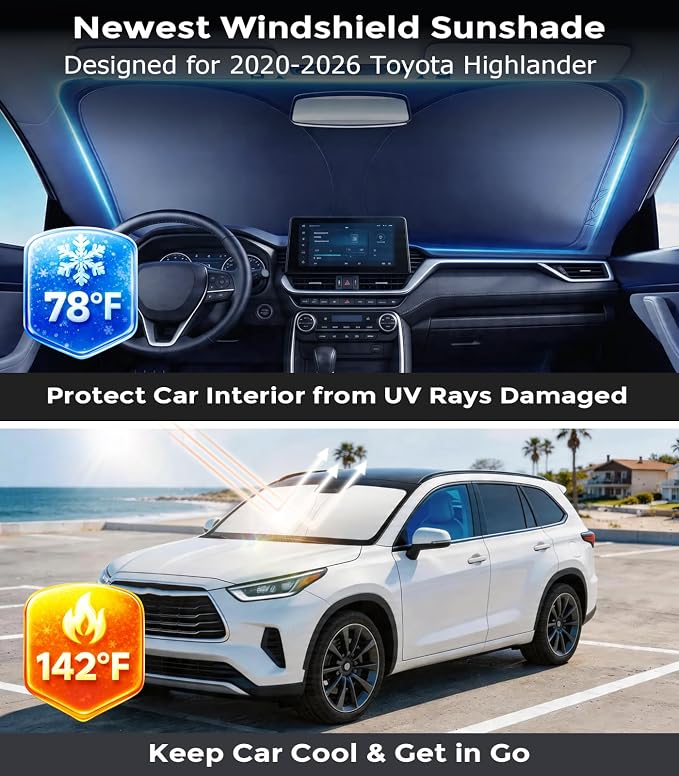 DMJN Front Windshield Sun Shade for Toyota Highlander (2020-2026), [Nano Ice-Crystal Coatings] UPF50+ Heat & UV Block, Protect Car Interior & Keep Cool, Flodable Steel-Ring Car Cover for Summer