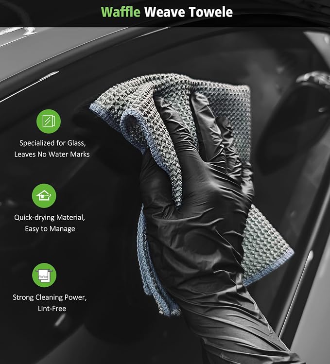 YeewayVeh Complete Drying Towel Set, 3-Pack Microfiber Towels (28"x36" & 16"x16" Drying & Waffle Weave), 1400 GSM Ultra Absorbent, Streak-Free Car Detailing Towels for Bulk Water, Final Polish & Glass