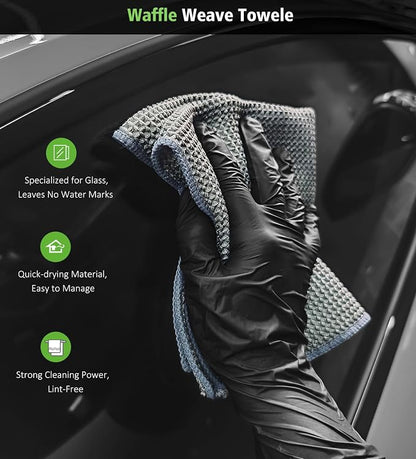 YeewayVeh Complete Drying Towel Set, 3-Pack Microfiber Towels (28"x36" & 16"x16" Drying & Waffle Weave), 1400 GSM Ultra Absorbent, Streak-Free Car Detailing Towels for Bulk Water, Final Polish & Glass