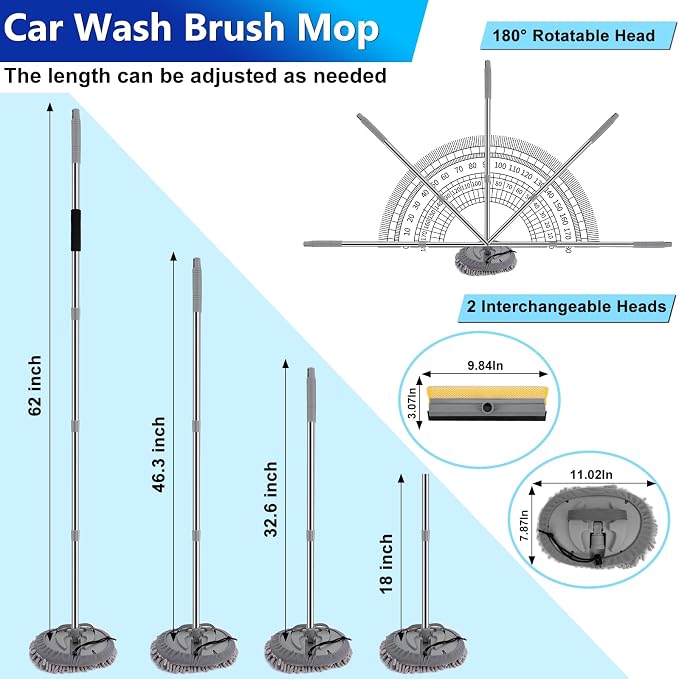 THINKWORK Car Wash Kit, 62'' Car Washing Brush with Long Handle, Extendable Car Wash Brush Mop with 2-in-1 Windshield Squeegee and 9Pcs Detailing Brushes, Gray Car Detailing Kit Gift for Men