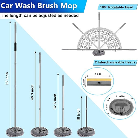 THINKWORK Car Wash Kit, 62'' Car Washing Brush with Long Handle, Extendable Car Wash Brush Mop with 2-in-1 Windshield Squeegee and 9Pcs Detailing Brushes, Gray Car Detailing Kit Gift for Men