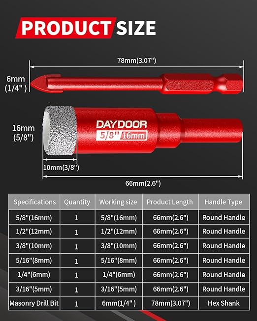 DAYDOOR Dry Diamond Drill Bits Set, 3/16" 1/4" 5/16" 3/8" 1/2" 5/8" Diamond Hole Saw Kit for Porcelain Tile Ceramic Glass Marble Granite, Tile Drill Bits with Cooling Wax, Round Shank (7-Piece)