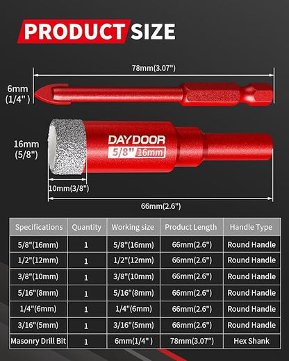 DAYDOOR Dry Diamond Drill Bits Set, 3/16" 1/4" 5/16" 3/8" 1/2" 5/8" Diamond Hole Saw Kit for Porcelain Tile Ceramic Glass Marble Granite, Tile Drill Bits with Cooling Wax, Round Shank (7-Piece)