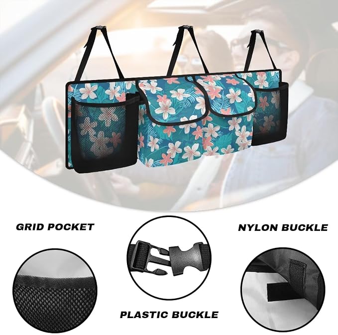 Tropical Flower Car Backseat Organizer Foldable Vehicle Interior Cargo Organizer Accessories Car Trunk Organizers with 4 Large Pockets Universal Fit for Cars SUV Sedans