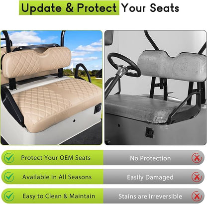 Full Set Golf Cart Seat Covers for EZGO RXV OEM, Beige | Front & Rear Set (2-Piece), Premium Vinyl Leather Replacement Standard Cushion Covers, No Tools Needed & Easy to Clean