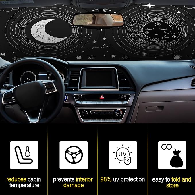 Windshield Sun Shade Foldable Car Front Window Covers for Car Accessories Sun Heat UV Rays Visor Protector Protection for Universal Cars SUV Truck (Sun Moon)
