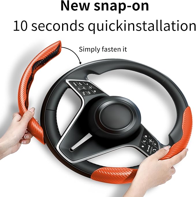 Carbon Fiber Steering Wheel Cover, 2-Piece Set Anti-Skid Comfortable Grip Segmented Butterfly Design, Easy Snap-On Installation Universal Fit 99% Cars, Orange