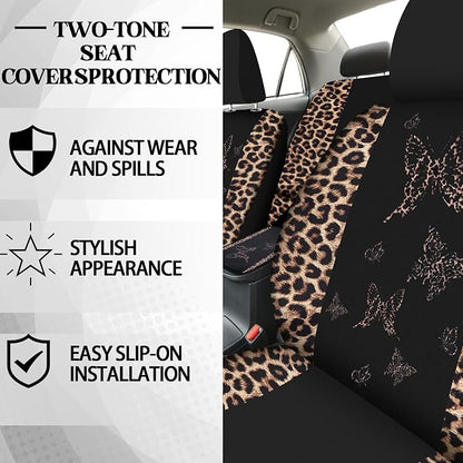 BBTO 43 Pcs Butterfly Car Seat Full Set Butterfly Car Accessories for Women 5 Front Rear Seat Covers Wrist Strap 2 Pcs Cup Mat Armrest Pad 2 Belt Xmas Cover Accessories for SUV(Brown Leopard Print)