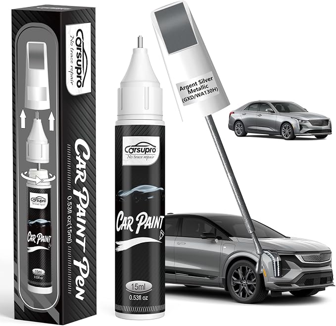 Argent Silver Metallic(GXD/WA130H) for Cadillac Touch Up Paint Pen, 2 in 1 Car Scratch Remover with Pen Tip and Brush, Precise Color Match for Car Paint Scratch Repair, Quickly and Easily Fix Chips and Nicks