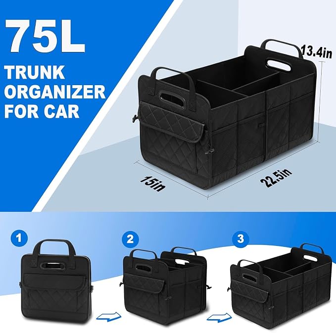 AOPHY Car Trunk Organizer, 75L Large Capacity Waterproof Auto Storage with Non-Slip Bottom Strips, Collapsible Cargo Organizer for Suv, Truck, Sedan, Portable Car Accessories for Women Men(Black)