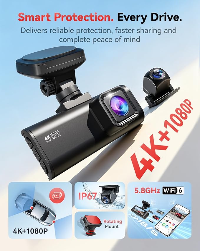REDTIGER F7N Dash Cam 4K Front and Rear 1080P, 5.8GHz WiFi-20 MB/s Fast Transfer, 2160P/FHD Car Dash Camera with 64GB Card, Smart App Control, Precise GPS, Night Vision, 24H Parking Mode