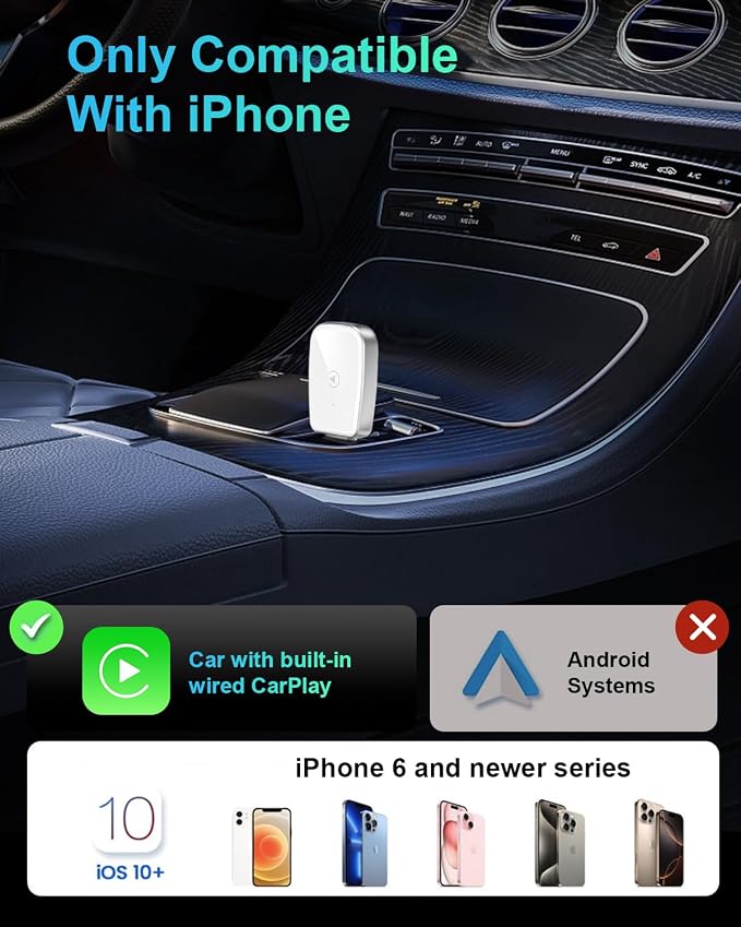 Wireless CarPlay Adapter for Apple iPhone, Convert Wired CarPlay to Wireless, Mini Size with USB-A to USB-C Adapter, Stable Control & No Delay Latency, White