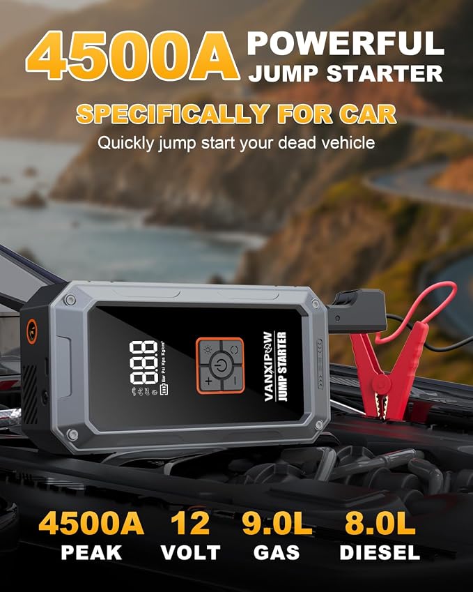 M1 Car Battery Jump Starter with Air Compressor 4500A 150PSI (9.0 L Gas/8.0L Diesel), Portable Car Jump Starter Power Pack, Battery Charger 12V Jump Box with LED Light, Large LED Display, Power Bank