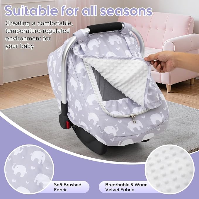 Car Seat Cover Baby, Mink Dot Infant Car Seat Cover for Outdoor, Breathable Carseat Cover with Mesh Peep Window & Sun Shade, Easy Access Baby Carrier Canopy Snug Fit Stroller