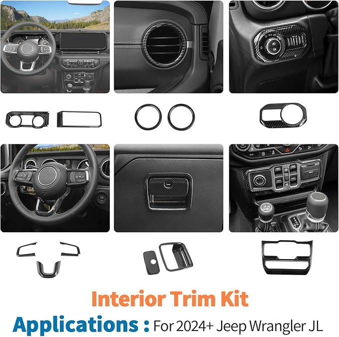 JeCar 11pcs Black Carbon Fiber Interior Trim Kit for 2024 2025+ Jeep Wrangler JL JLU Gladiator JT