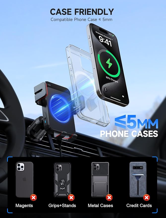 MOKPR Wireless Car Charger, 15W Auto Clamping Car Charger Dash Windshield Air Vent Phone Holder Compatible with iPhone 16 15 14/13/13 Pro/12 pro/12/11/X/8, Samsung S24/S23/S22, red