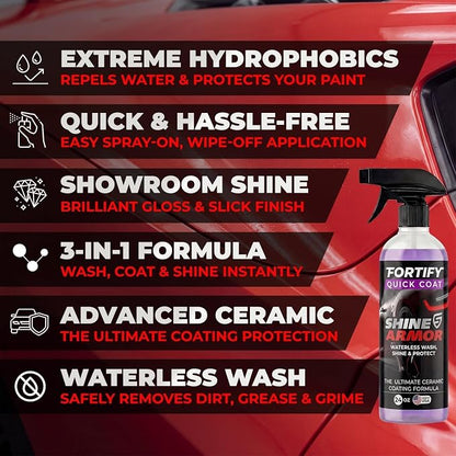 Car Wax Spray and Ceramic Coating for Cars - 3 in 1 Waterless Car Wash and Detailing - Quick Effect Coating Agent for Car - High Gloss Car Coating Spray, Shiny Car Stuff by Shine Armor - 8FlOz