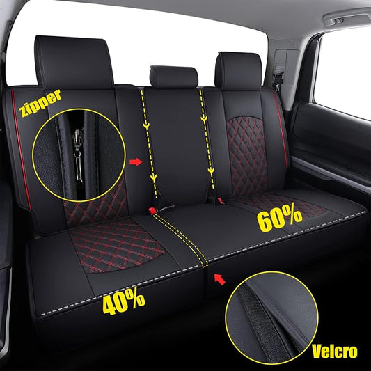 YIERTAI Back Seat Covers for 2008-2022 2023 2024 2025 2026 Tundra Crewmax Crew Double Cab SR5 SR Platinum TRD PRO Waterproof Leather Compatible with Split Bench 40/60(1 Rear Seat Cover/Black-Red)