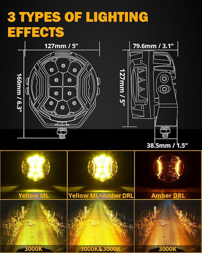 Auxbeam V-Ultra Series LED Round Light Pods, 5 Inch 172W Offroad Driving Side Shooter Light with Amber DRL, 270° Wide Range 20400LM Yellow/Amber Hyper Spot Beam Ditch Lights with Black Cover