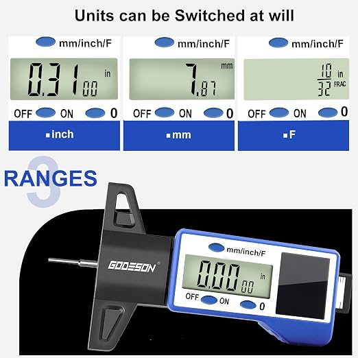 GODESON Digital Tire Tread Depth Gauge – 3 Modes-Fraction/Inch/MM Display, Solar & Battery Hybrid,1” (25.4mm/32NDS) Range, Blue Tire Wear Measure Tool for All Vehicles (Car, Truck, SUV)