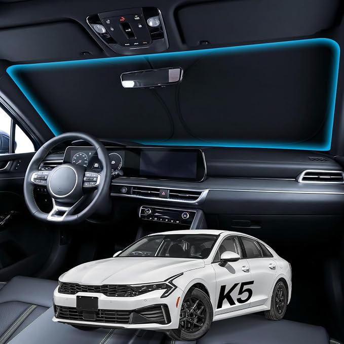 Wigoo for Kia K5 Windshield Sunshade [OEM Design, 100% Sun Blockage] Foldable Heat Insulation Sun Shade with Storage Bag, for Kia K5 (2021-2026), Silver Coating